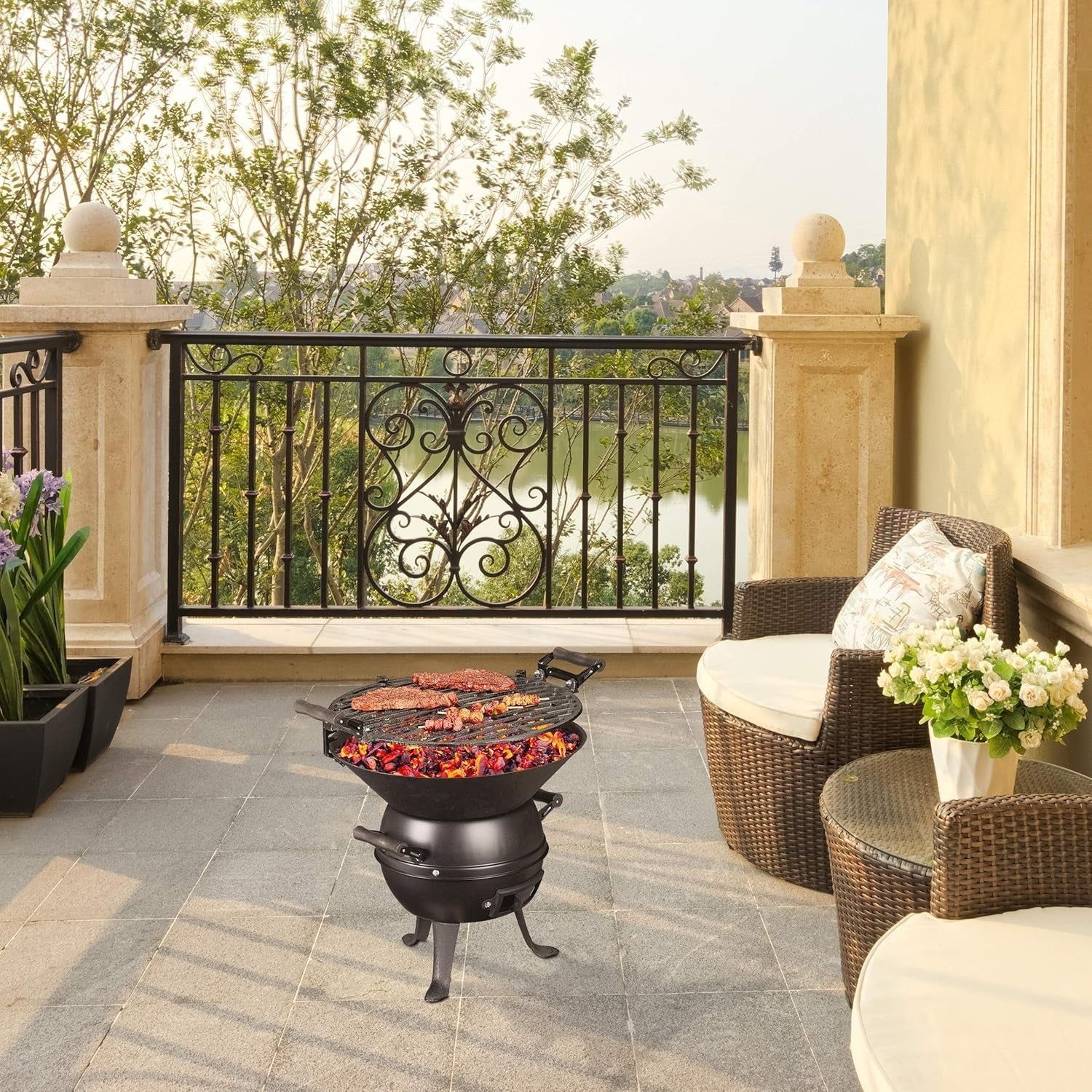 Cast Iron Charcoal BBQ Grill – Adjustable Height Portable Outdoor Barbecue