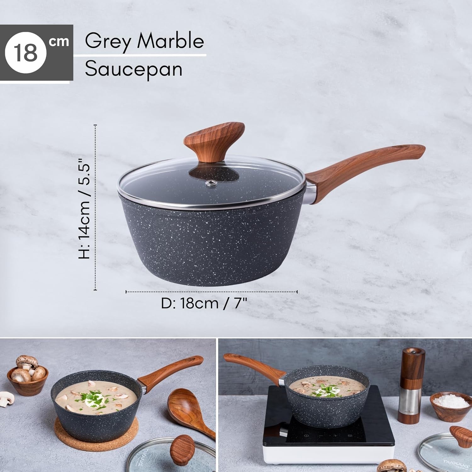 18cm Non-Stick Marble Saucepan with Glass Lid Induction & Gas Ready