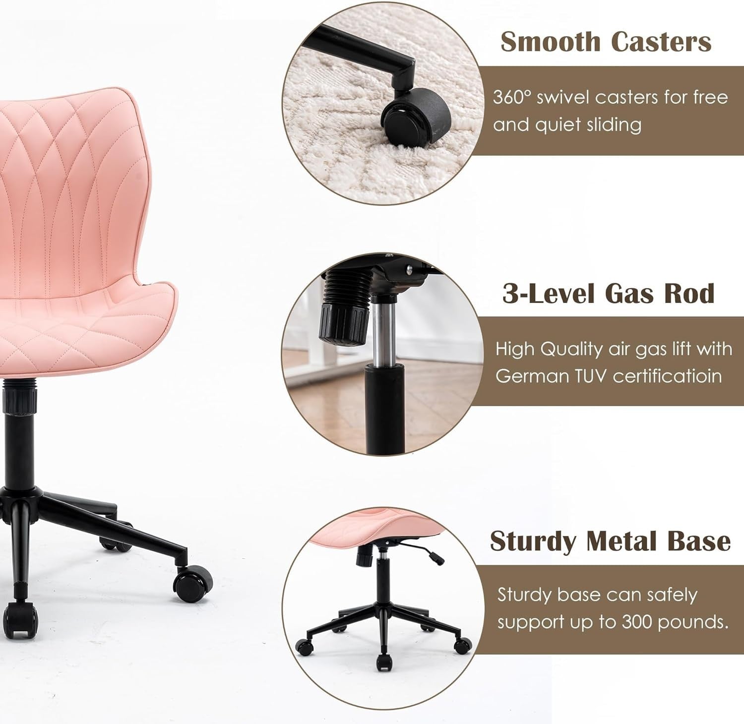 Pink Armless Swivel Office Desk Chair Ergonomic Faux Leather Adjustable Rocking