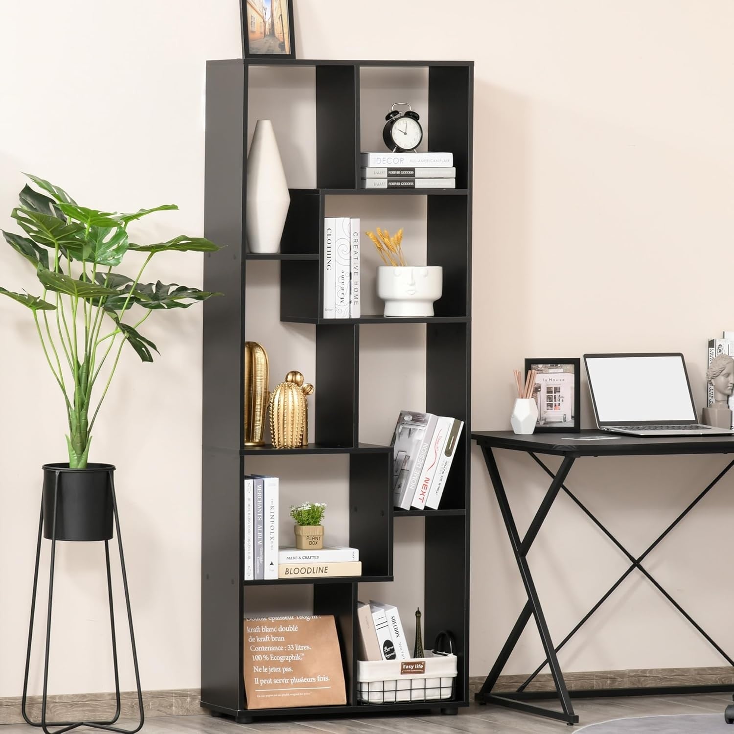 Modern 8-Cube Tall Bookcase Room Divider – Freestanding Storage Shelf Black