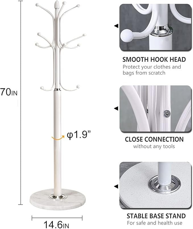 White Metal Coat Rack Stand with Marble Base 12 Hooks Hall Tree for Entryway