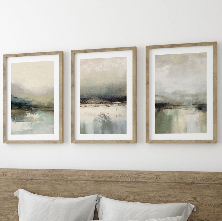 Muted Abstract Landscape Posters Set of 3 A3 Green Grey Wall Art