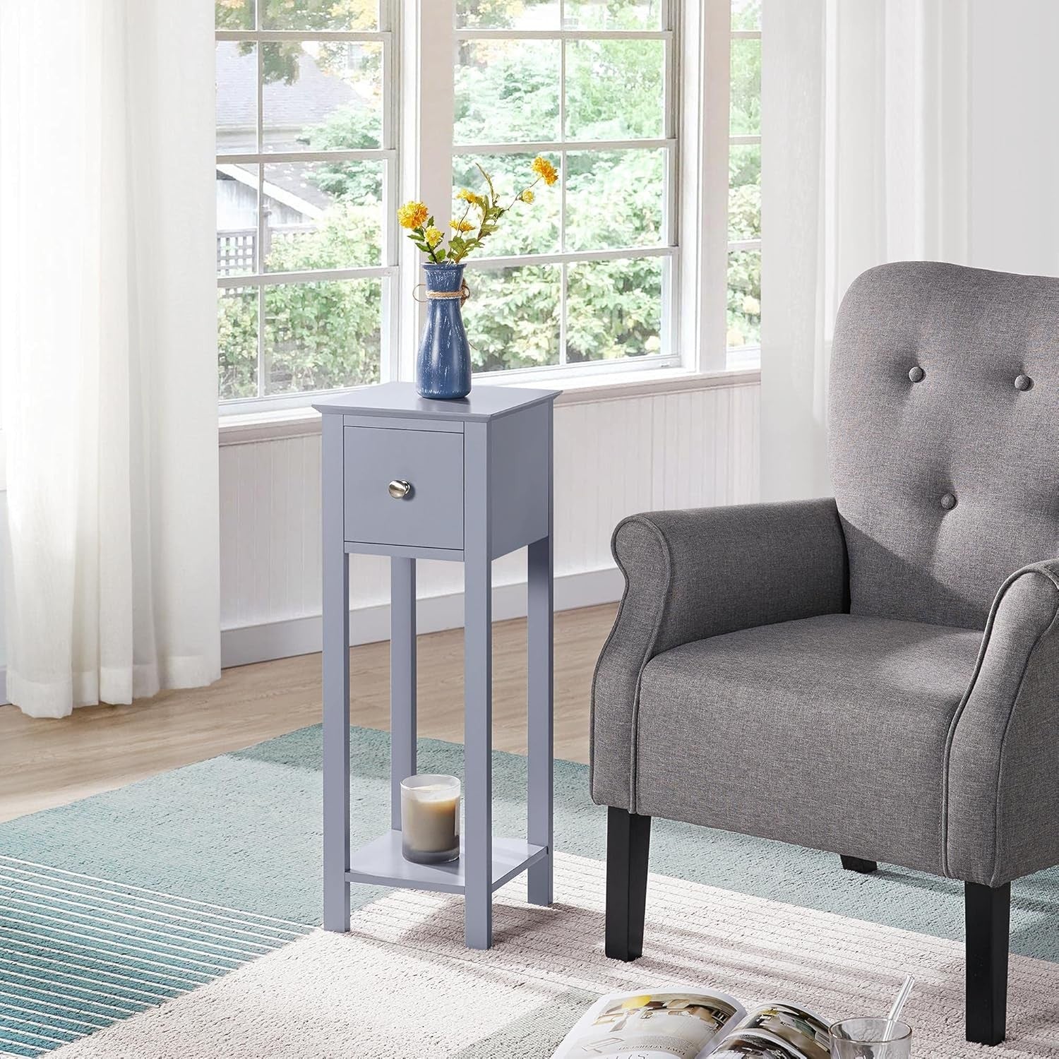 Set of 2 Grey Slim Tall Bedside Tables with Drawer & Shelf – Narrow 25x25x70cm