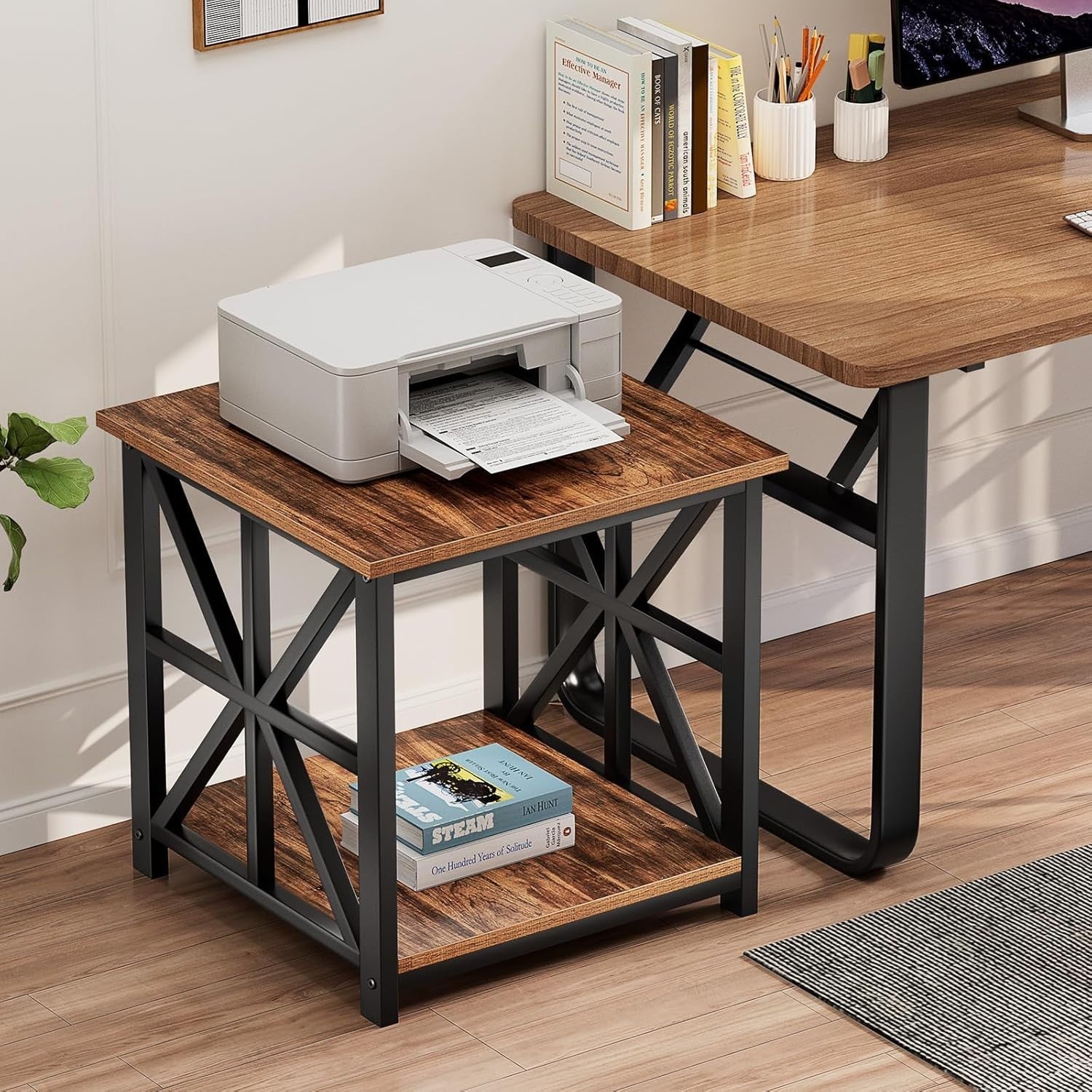 Walnut 2-Tier Square Side Table 60x60x60 cm | Large End Table w/ Storage