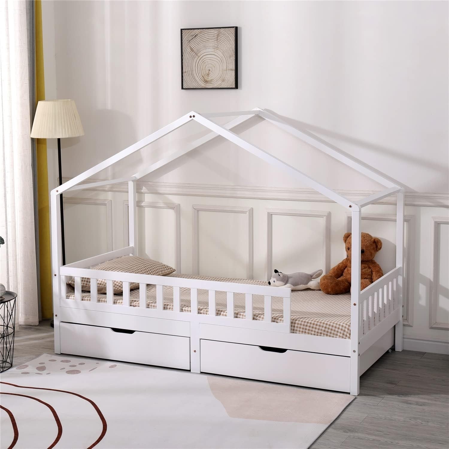Solid Pine Kids House Bed with Guardrail & Storage Drawers, White, Single