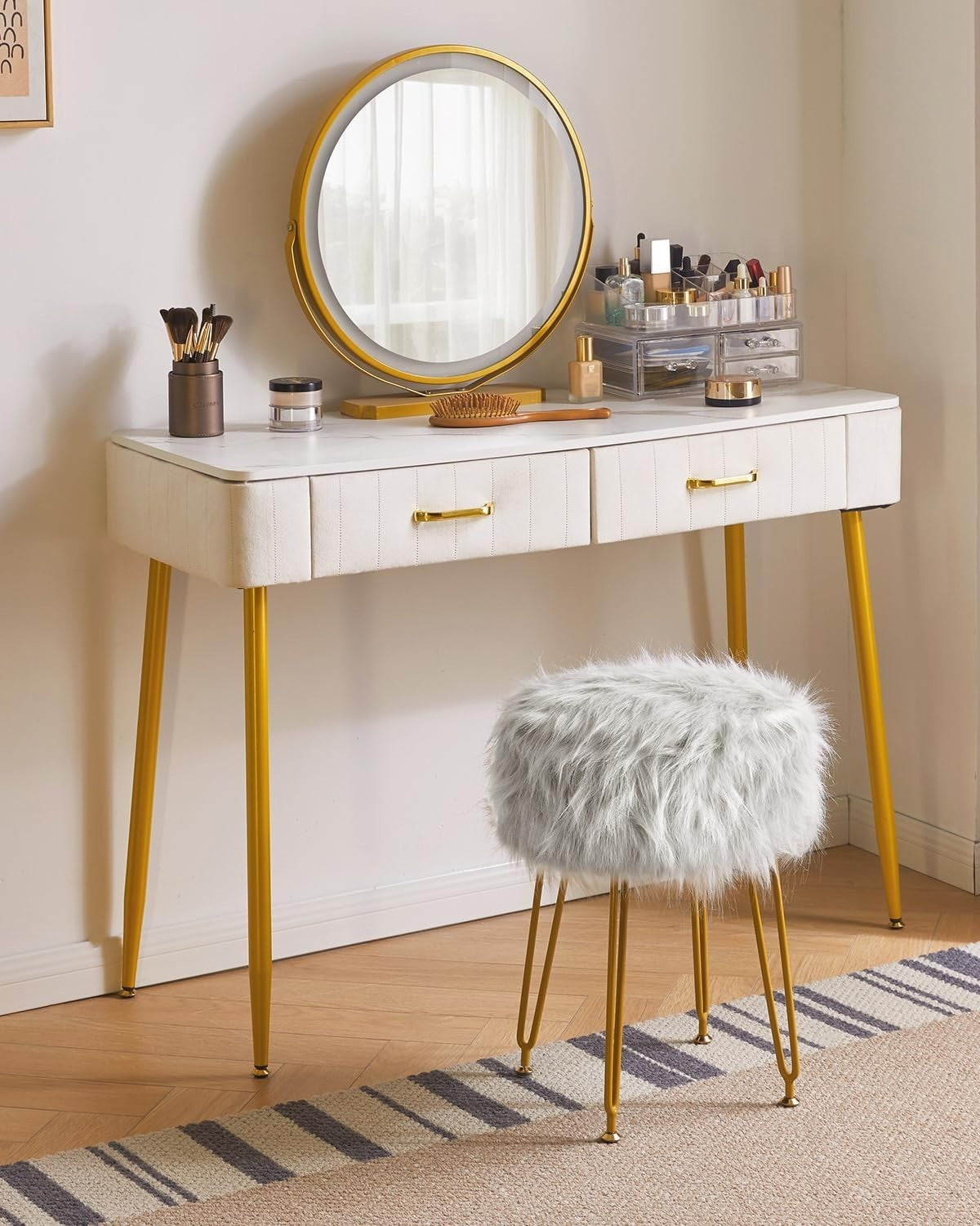Grey Faux Fur Round Vanity Stool with Storage – Soft Ottoman Seat & Metal Legs