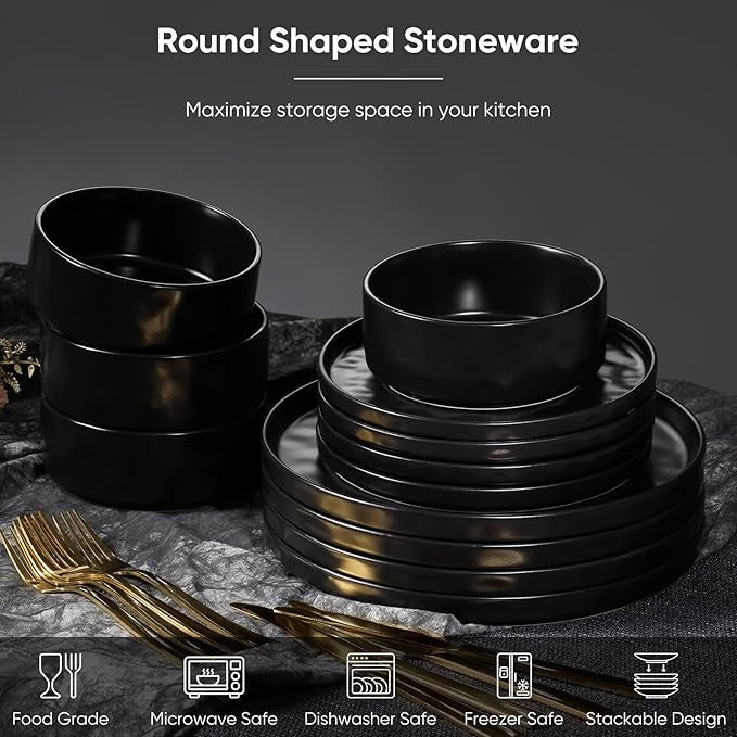12pc Matte Black Stoneware Dinner Set Plates Bowls Modern Service for 4