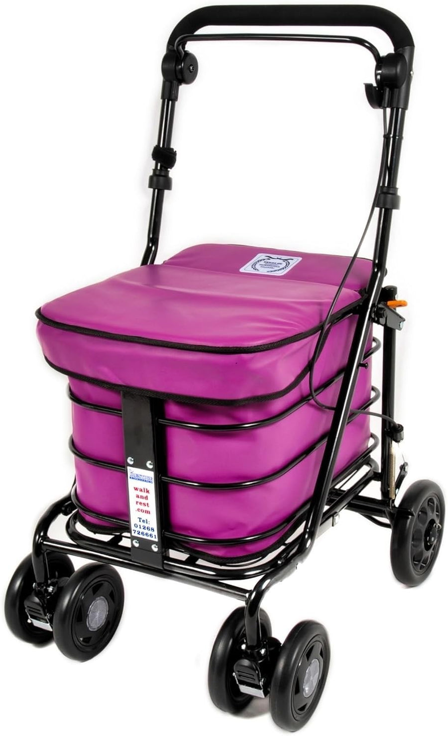 Folding Mobility Shopper Trolley With Seat Handbrake 4 Swivel Wheels Purple