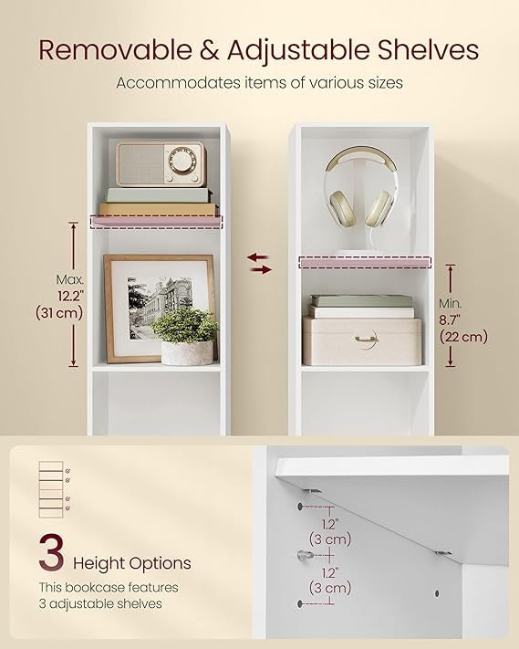 5-Tier White Bookshelf Tall Slim Storage Unit Narrow Shelving for Home Office