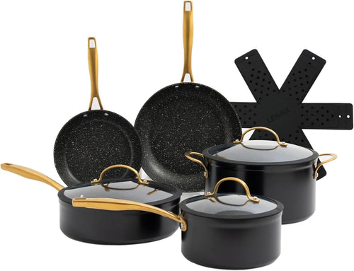 9Pcs Black Non-Stick Cookware Set, Granite Coating Pots & Pans with Lids