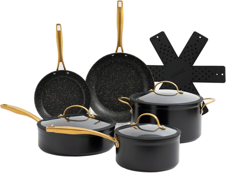9Pcs Black Non-Stick Cookware Set, Granite Coating Pots & Pans with Lids