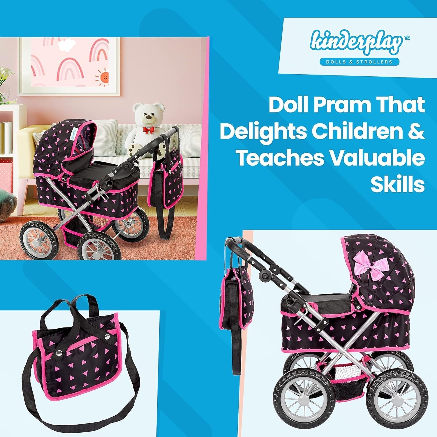 Dolls Pram Toy Pushchair Buggy Adjustable Handle 33-63cm for Kids