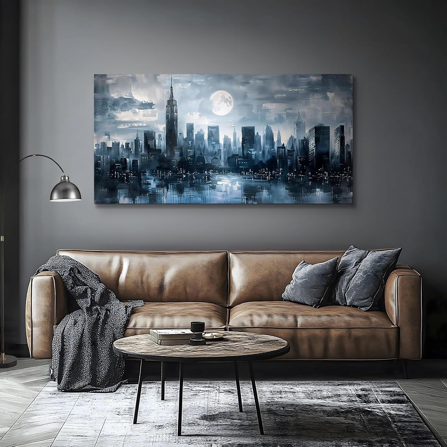 Large Blue City Night Canvas Wall Art – Modern Abstract Urban Decor 20x40"
