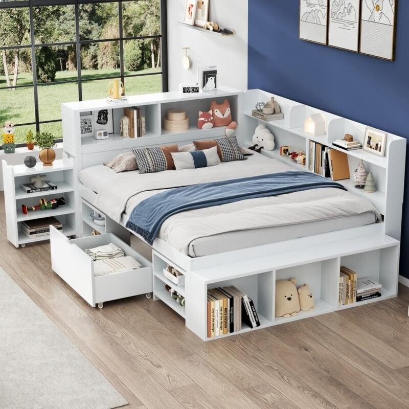 Kids Double Bed with Storage Drawers Bookcase Shelves 4ft6 White 135x190cm