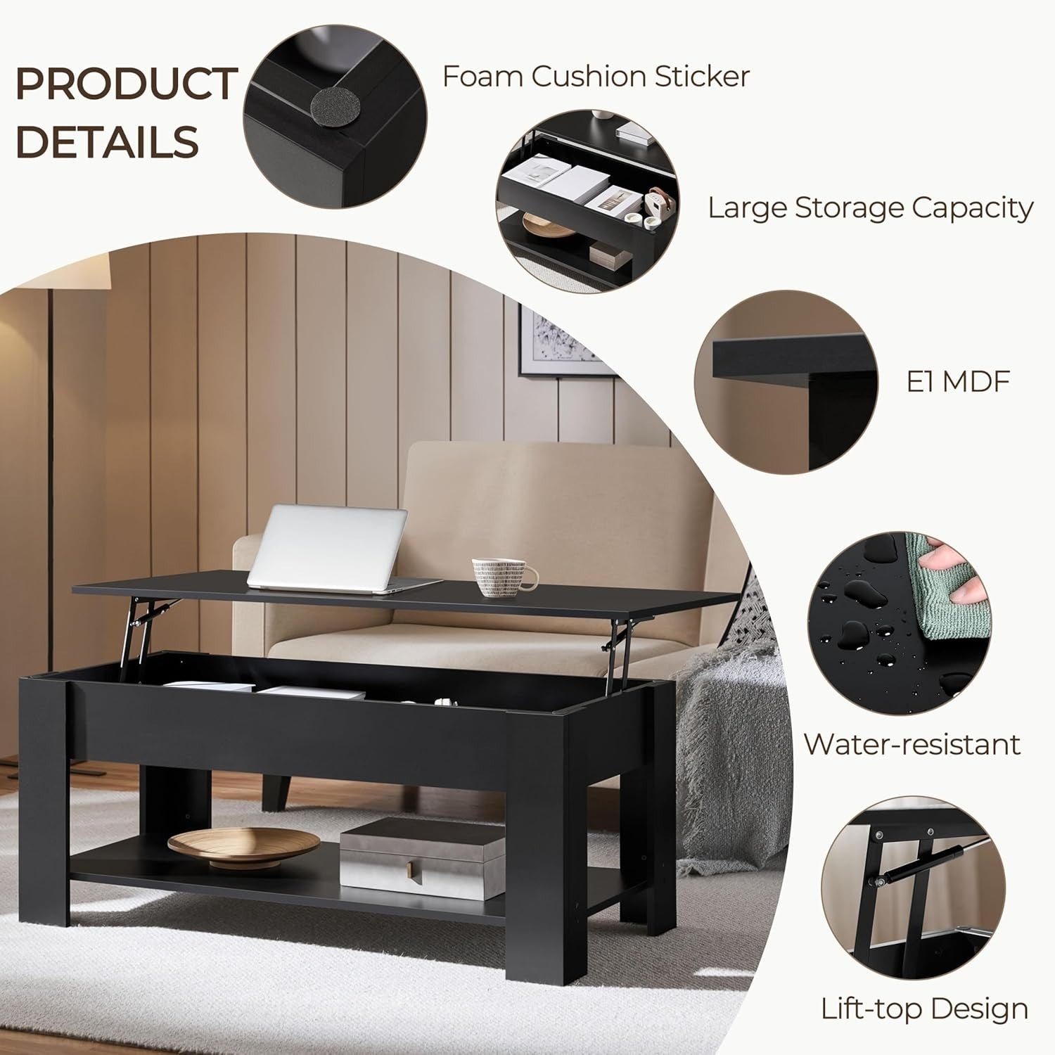 Lift Top Coffee Table Adjustable Height Hidden Storage Shelf Black 120x60cm