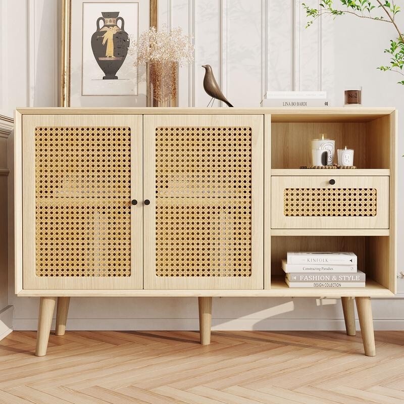 Modern Woven Rattan Sideboard Cabinet Light Wood Nordic Storage Unit