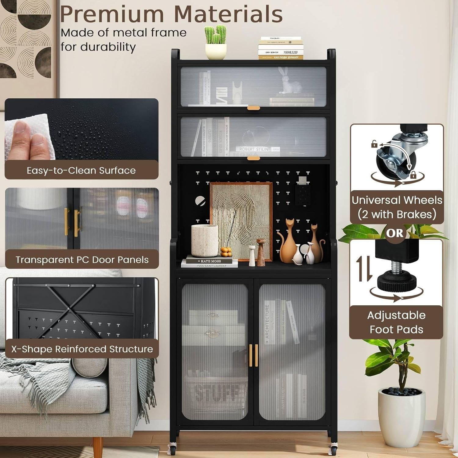 79x37x192cm Black 6-Tier Rolling Kitchen Cabinet with Flip Doors & Wheels