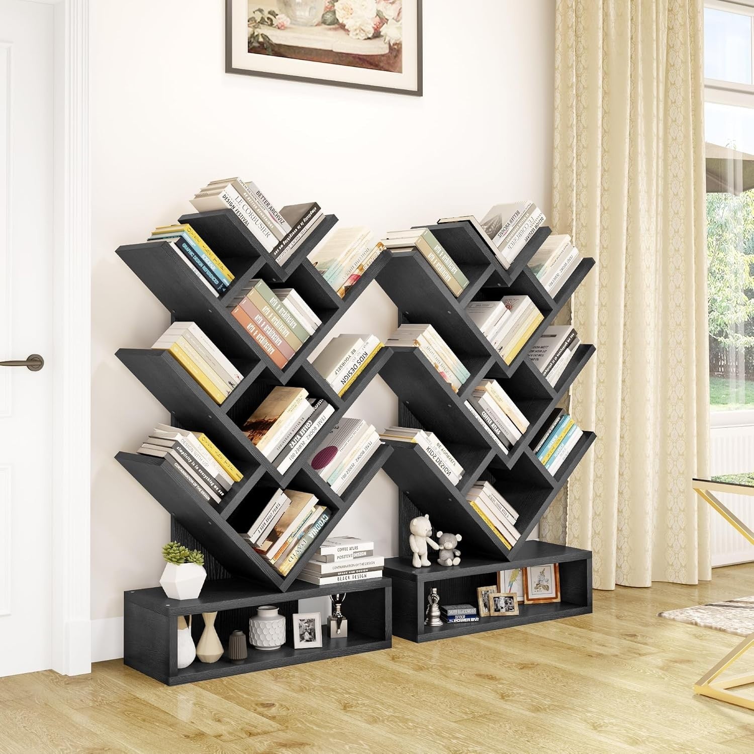 Tree Bookshelf with Drawer 5 Tier Black Wooden Bookcase Storage Rack
