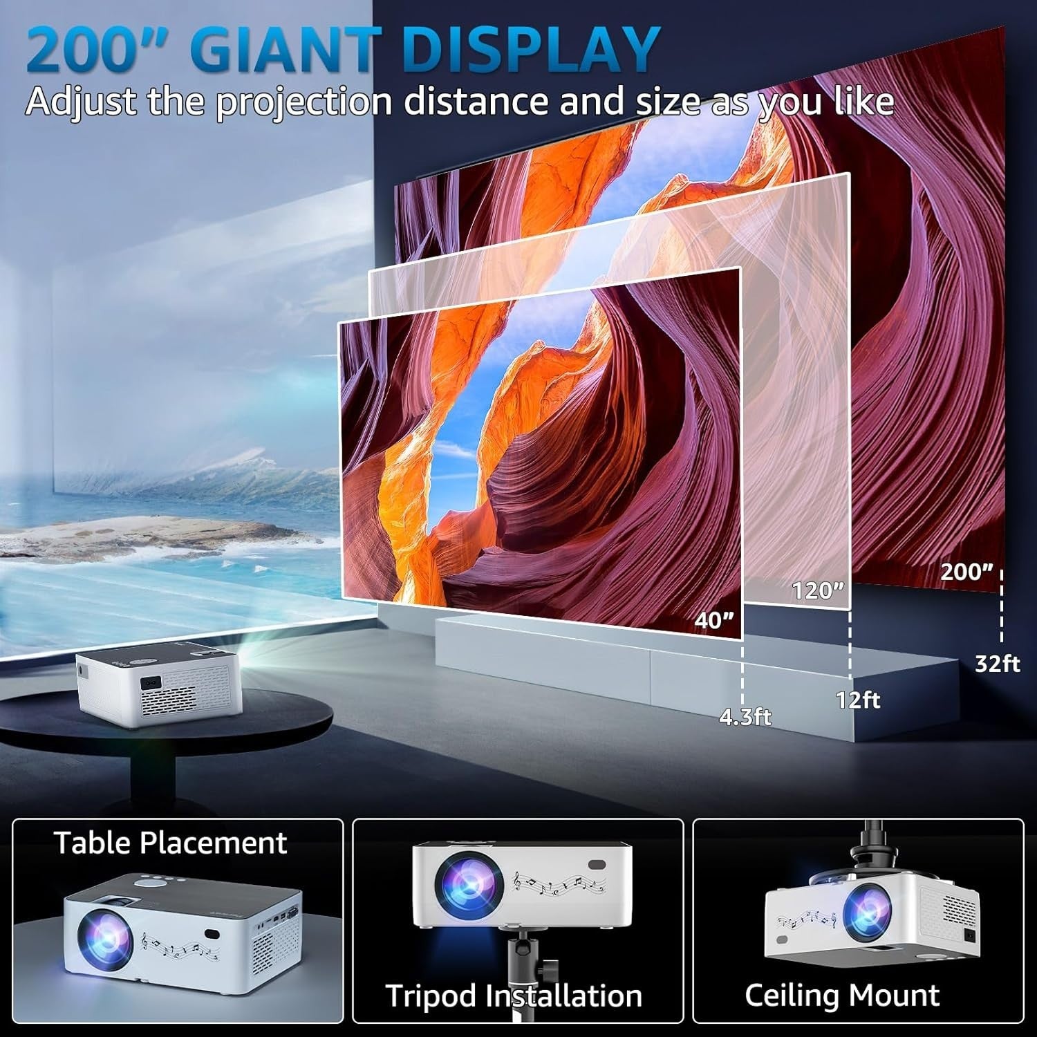 1080P Projector WiFi Bluetooth 4K Support 230 ANSI Outdoor Screen