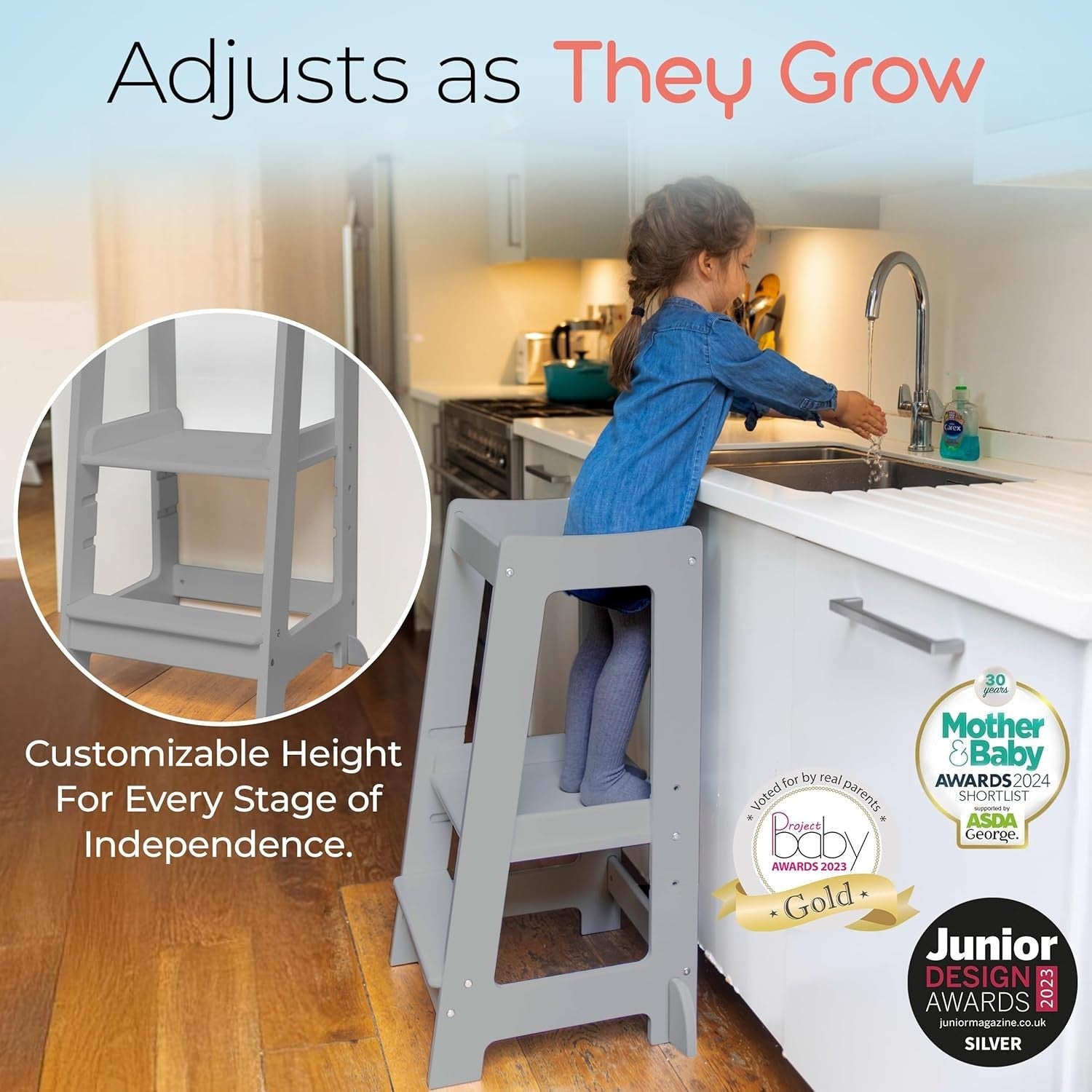 Adjustable Toddler Learning Tower with Safety Rail & Non-Slip Step, Grey