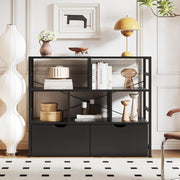 4 Tier White Bookcase with 2 Drawers Modern Storage Shelf for Living Room Black