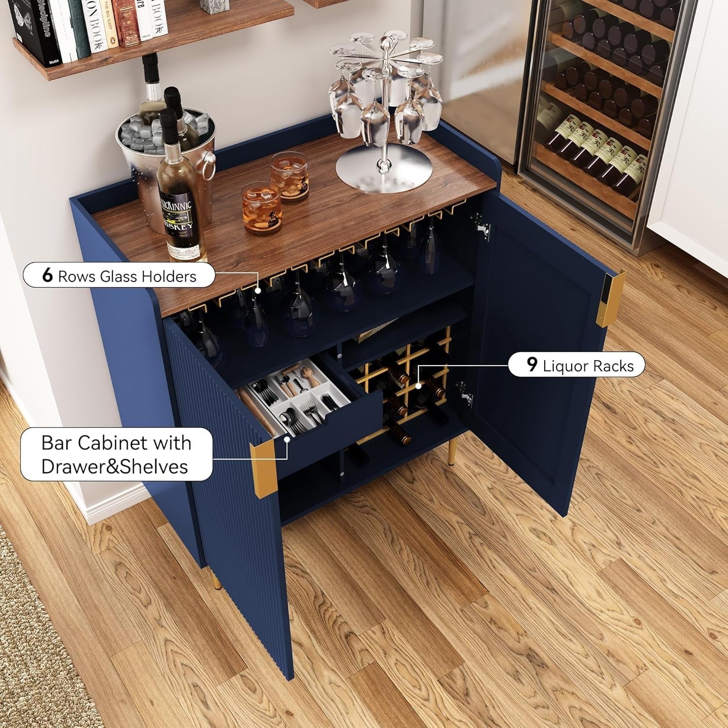 Luxury Blue Drinks Cabinet with Wine Rack & Glass Holders – Modern Bar Sideboard