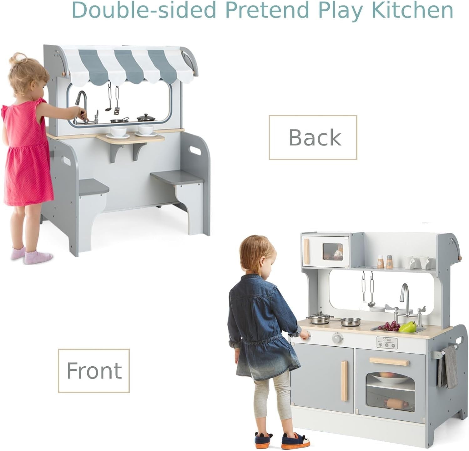 2 Sided Kids Wooden Play Kitchen Diner Set Grey Pretend Toy