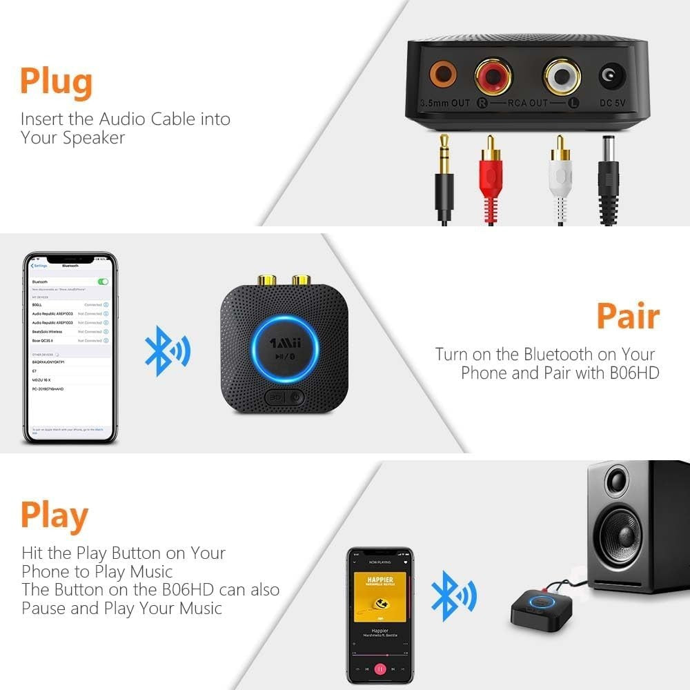 Bluetooth 5.1 Audio Receiver aptX HD 3D Surround RCA AUX Adapter 15Hr