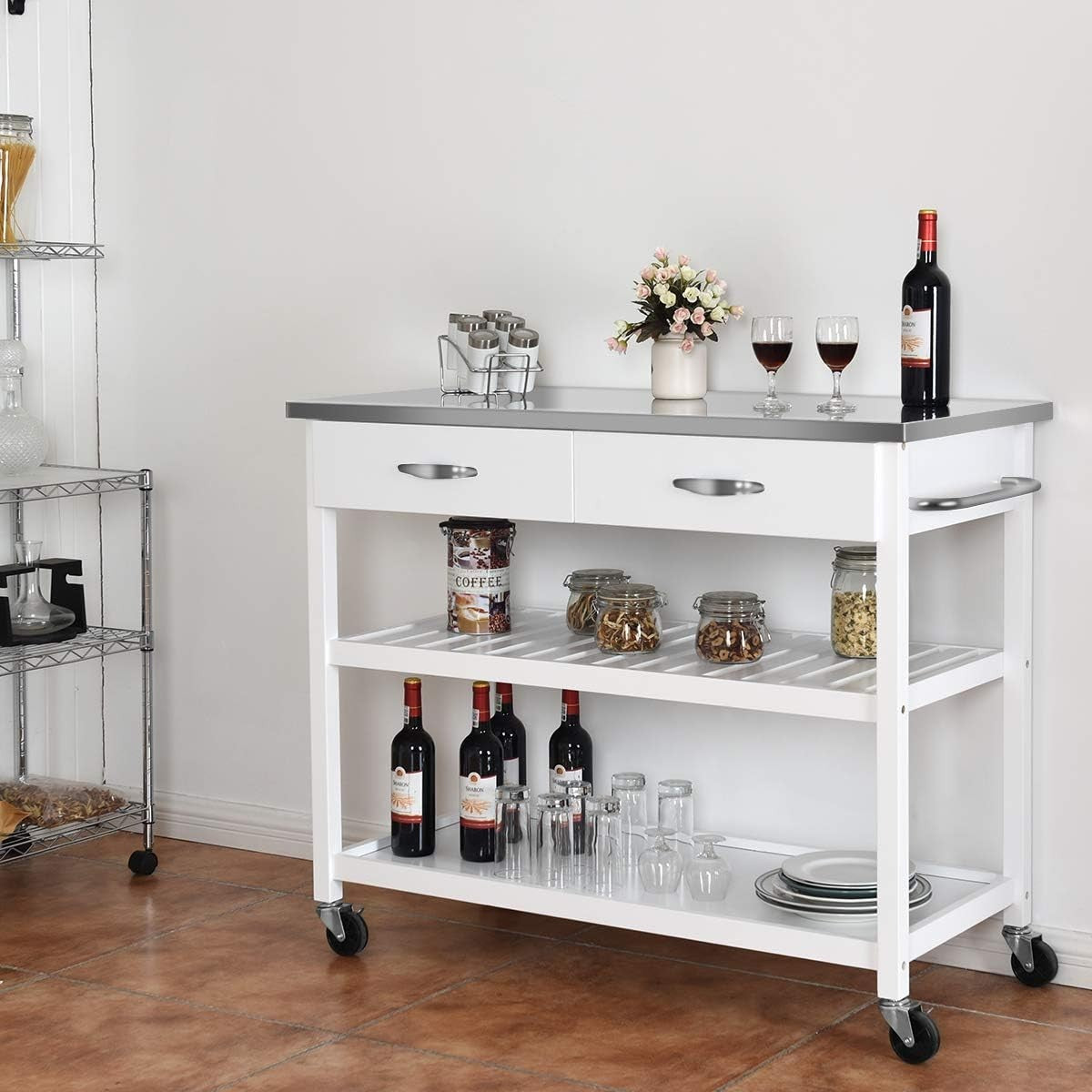 Mobile Kitchen Storage Trolley with Stainless Steel Top,Drawers & Lockable Wheel