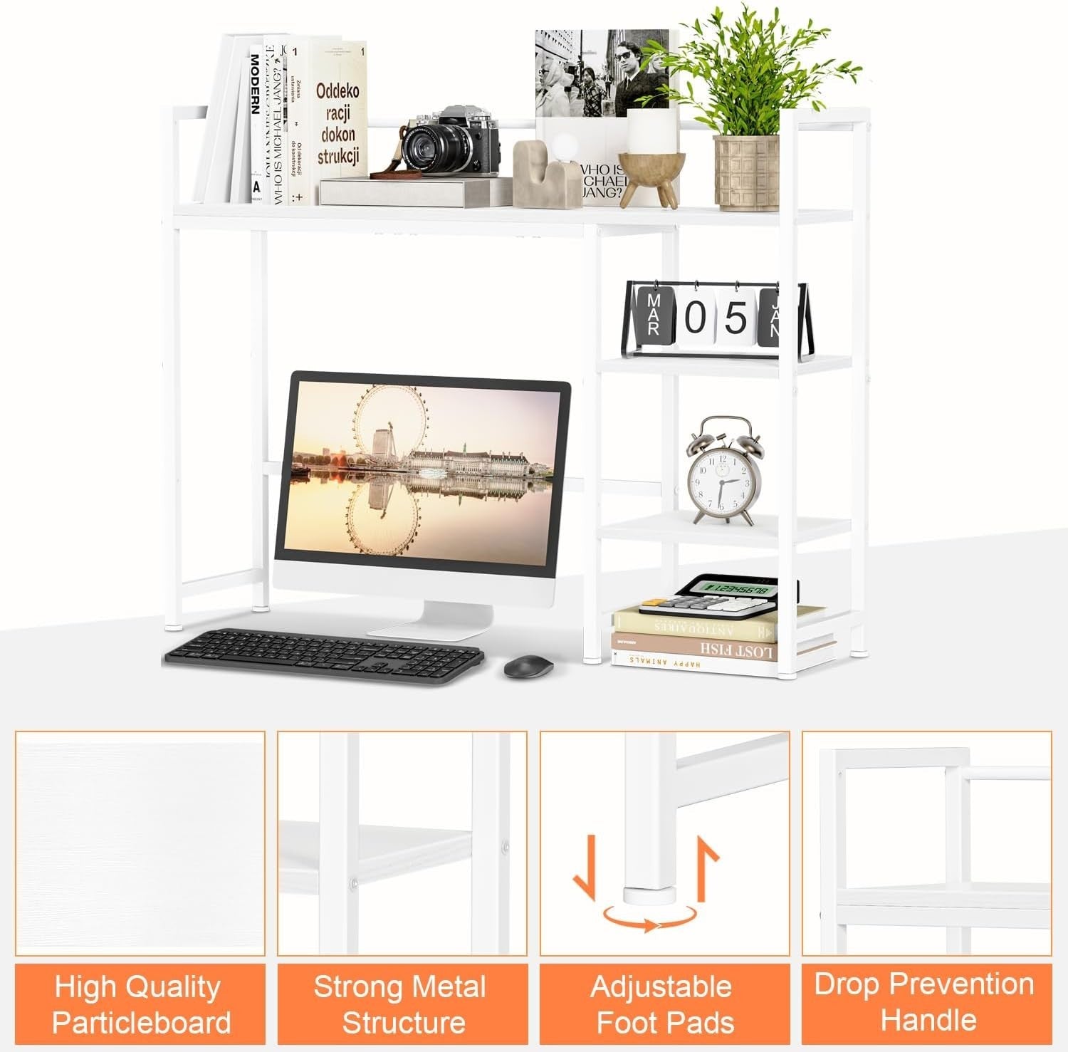 White Desk Hutch Shelf 4-Tier 38.6" Desktop Organizer Monitor Storage Rack