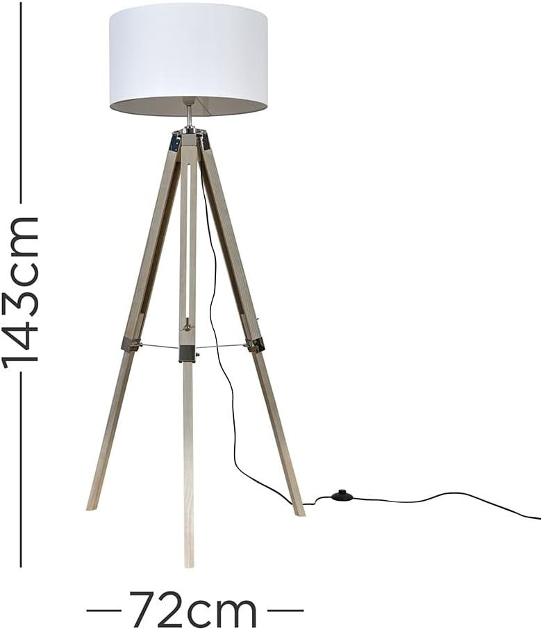 Modern Tripod Floor Lamp with White Drum Shade & Warm LED Bulb, 154cm