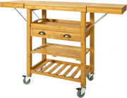 Extendable Bamboo Kitchen Trolley Cart on Wheels Folding Sides Storage Drawers