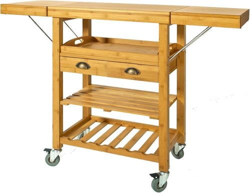 Extendable Bamboo Kitchen Trolley Cart on Wheels Folding Sides Storage Drawers