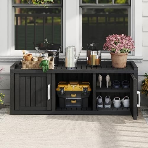 Waterproof Shoe Storage Cabinet Bench 2 Door Resin Unit with Shelves Black