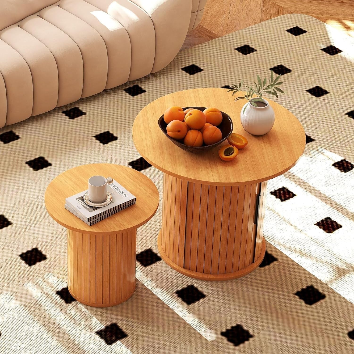 2pcs Round Nesting Coffee Table Set Wood Hidden Storage Side End Living Room
