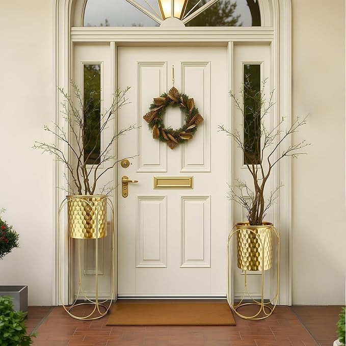 Set of 2 Gold Metal Planters with Stand Indoor Outdoor Modern Tall Plant Pots