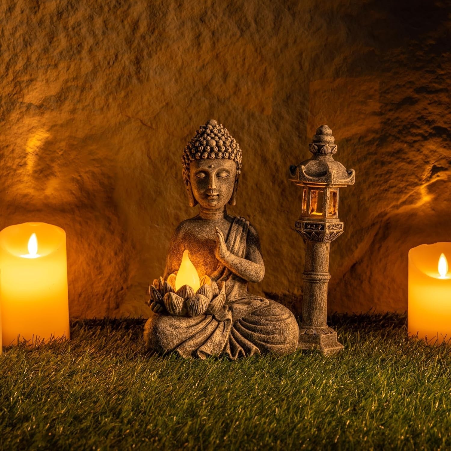 Meditating Buddha Statue with Solar Light Pagoda Set Outdoor Garden Decor Resin