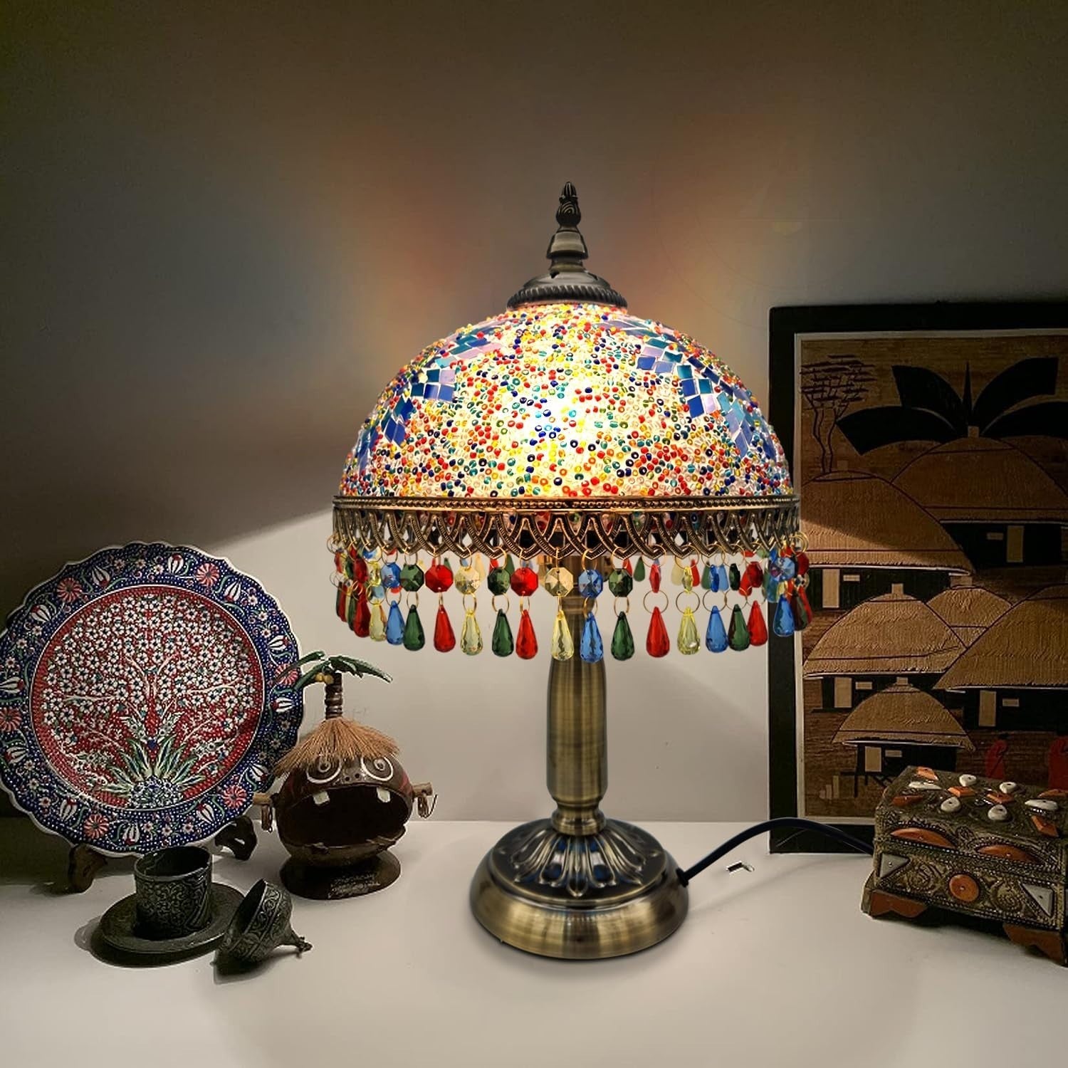 Stained Glass Table Lamp with Colorful Shade, Perfect for Bedroom & Living Room