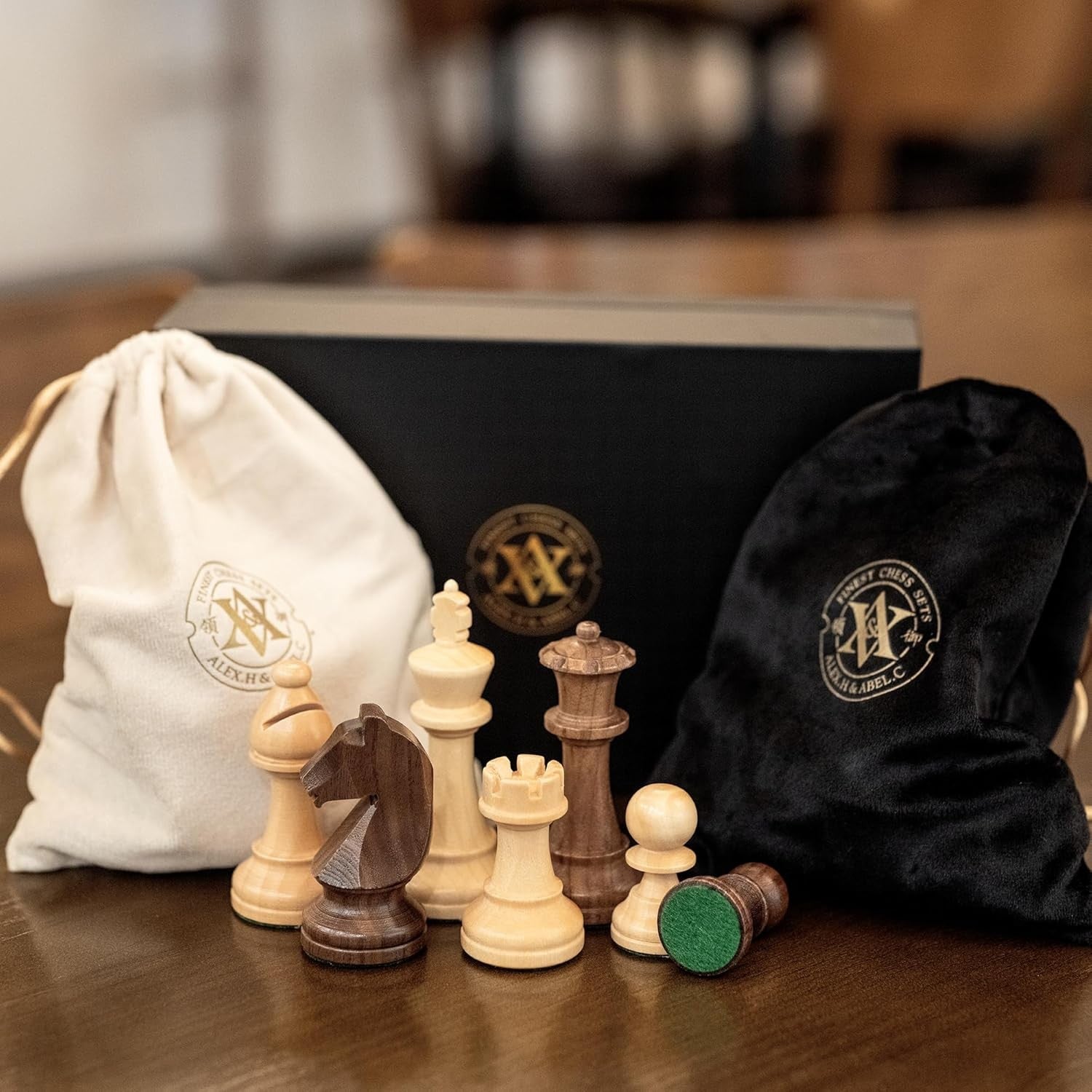 Triple Weighted Wooden Chess Pieces Set 3.75" King w/ Bags & Extra Queens