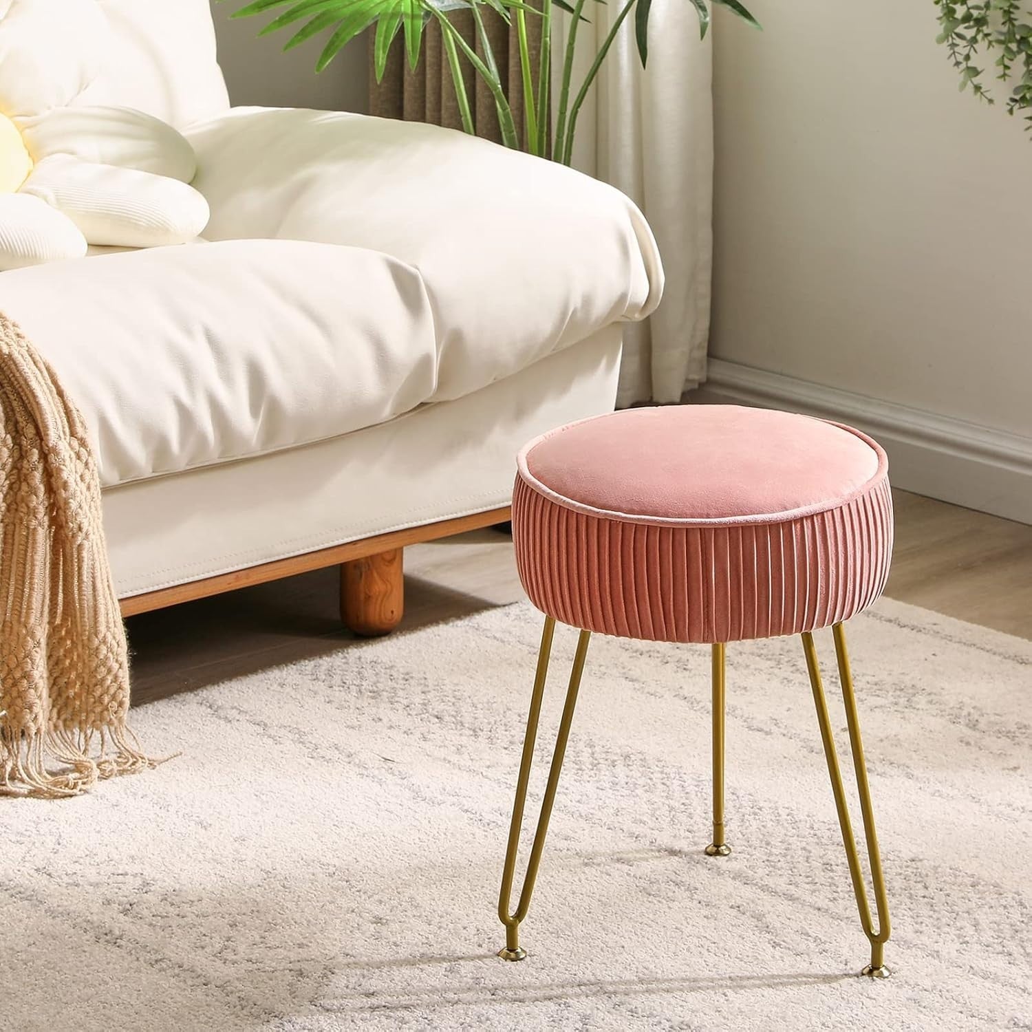 Pink Velvet Round Vanity Stool with Golden Steel Legs – Footrest & Side Table