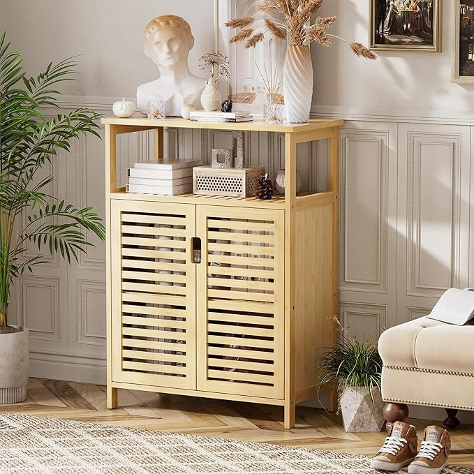 Natural Bamboo Storage Cabinet with Shutter Doors & Open Shelf 60x30x80cm