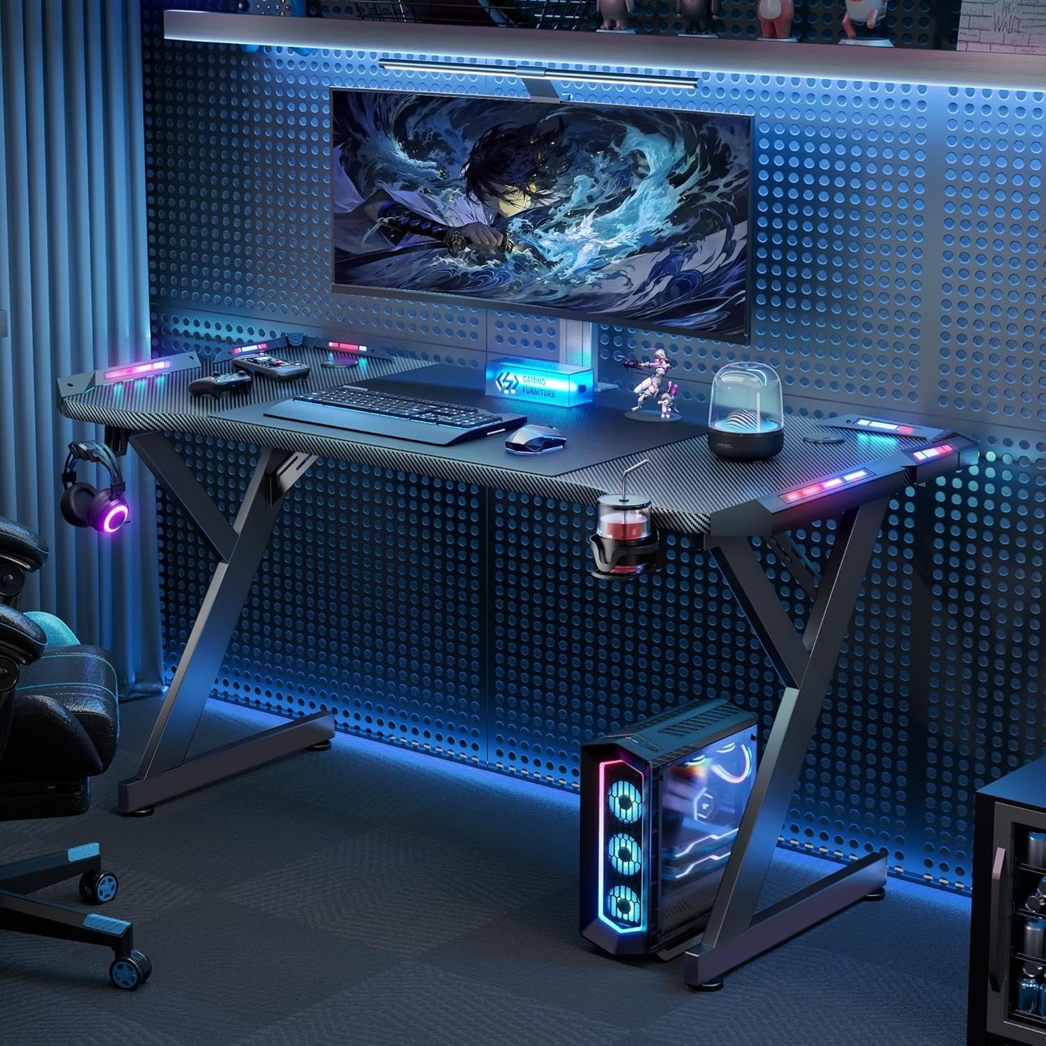 160cm Black RGB Gaming Desk w/LED Lights Cup Holder & Headset Hook