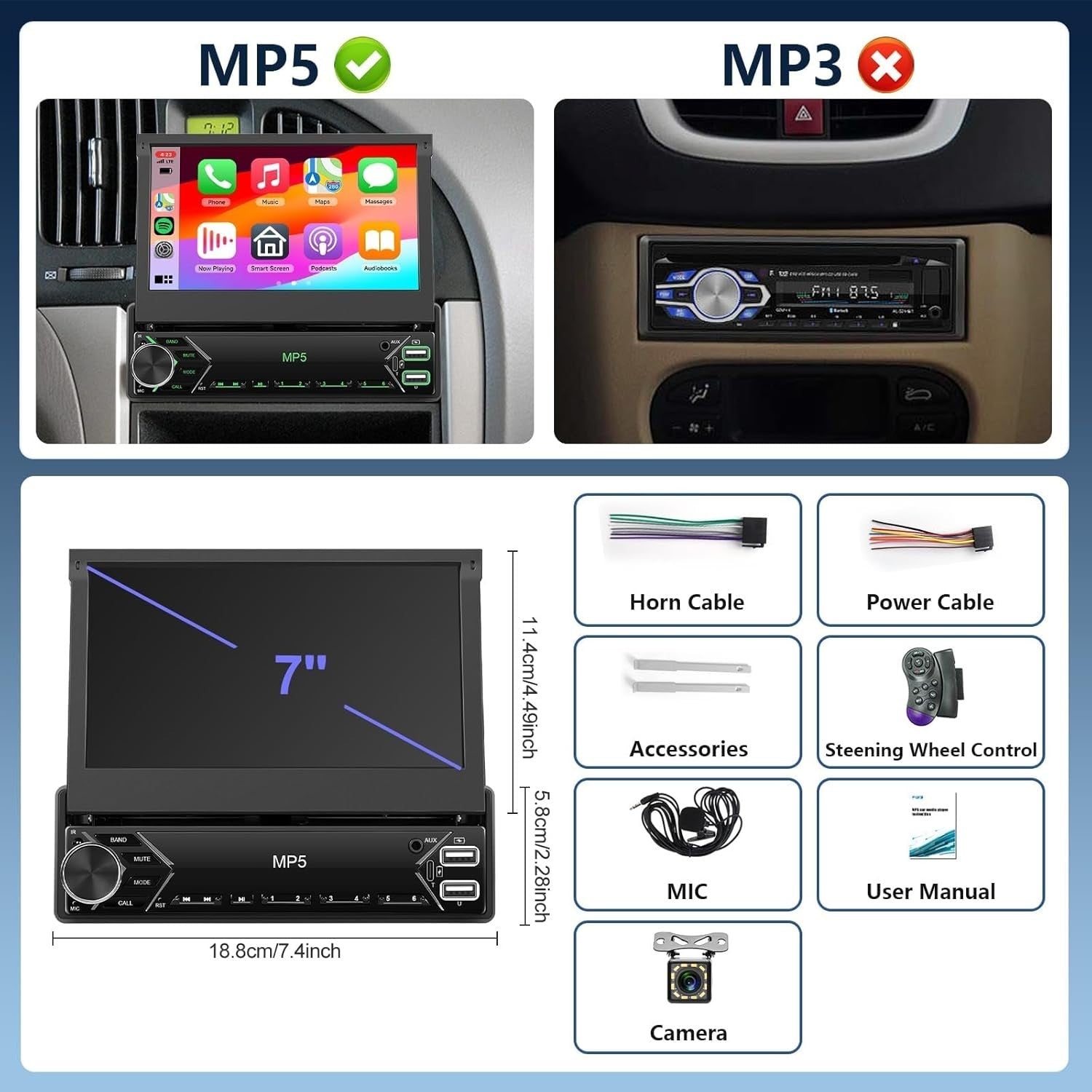 7" Flip-Out Car Stereo Wireless CarPlay Android Auto FM Bluetooth