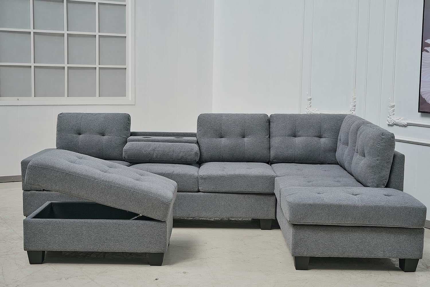 Comfortable Grey L-Shape Corner Sofa with Ottoman & Cup Holders, Modular