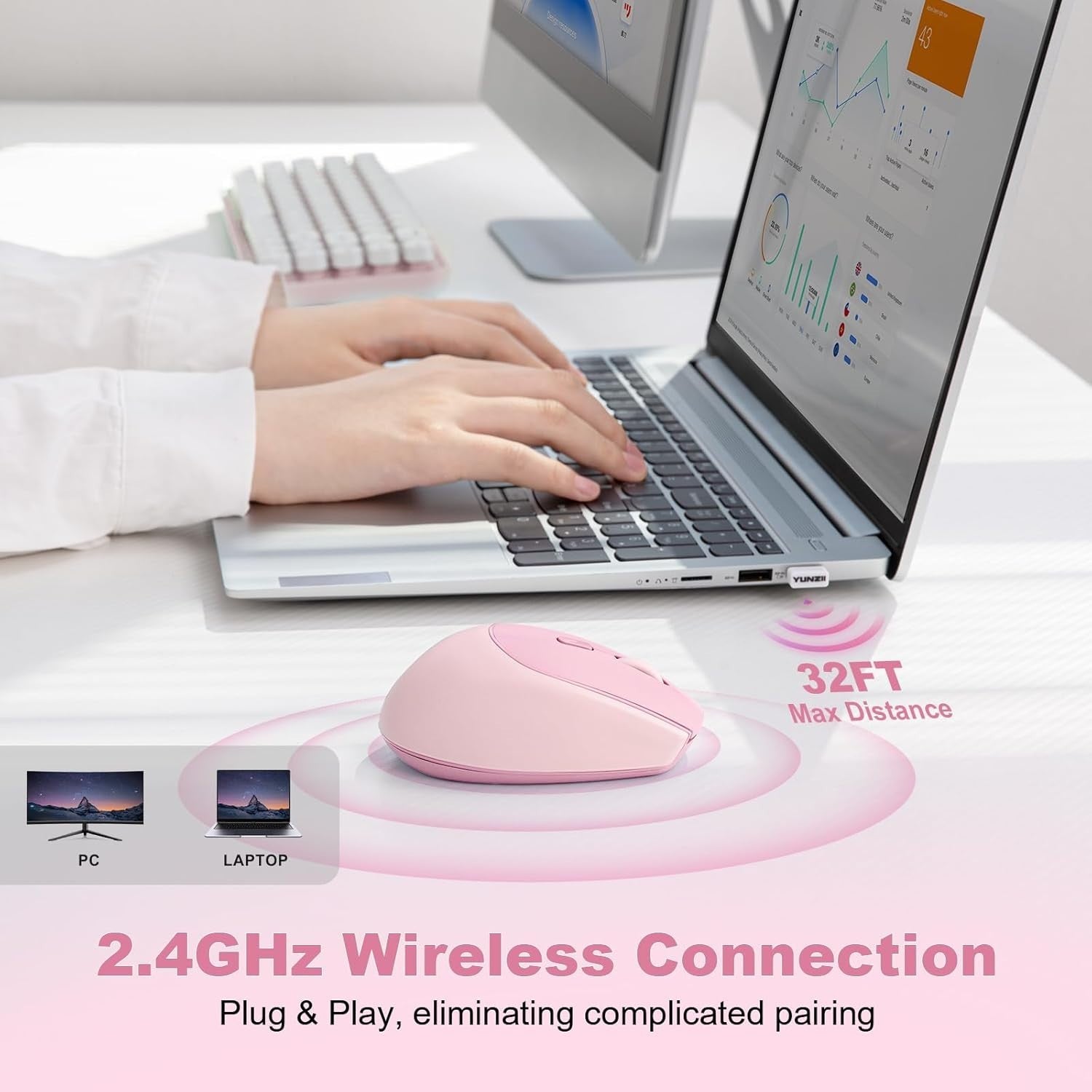 Silent Wireless Mouse 2.4GHz 1600 DPI Portable Cute Pink Laptop PC
