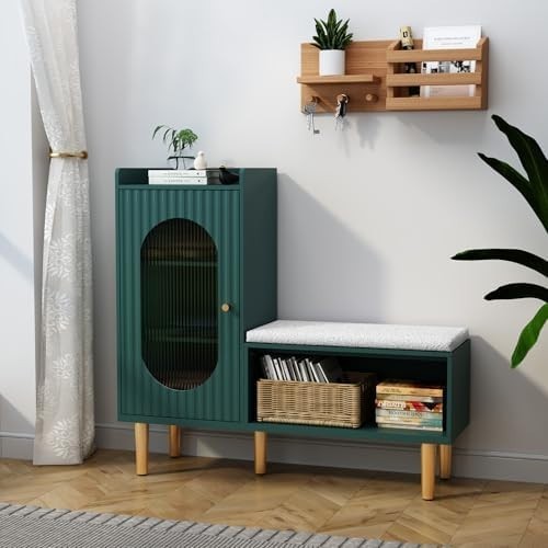 L-Shaped Shoe Storage Bench with Cushion Glass Doors 100×30×92 cm Green