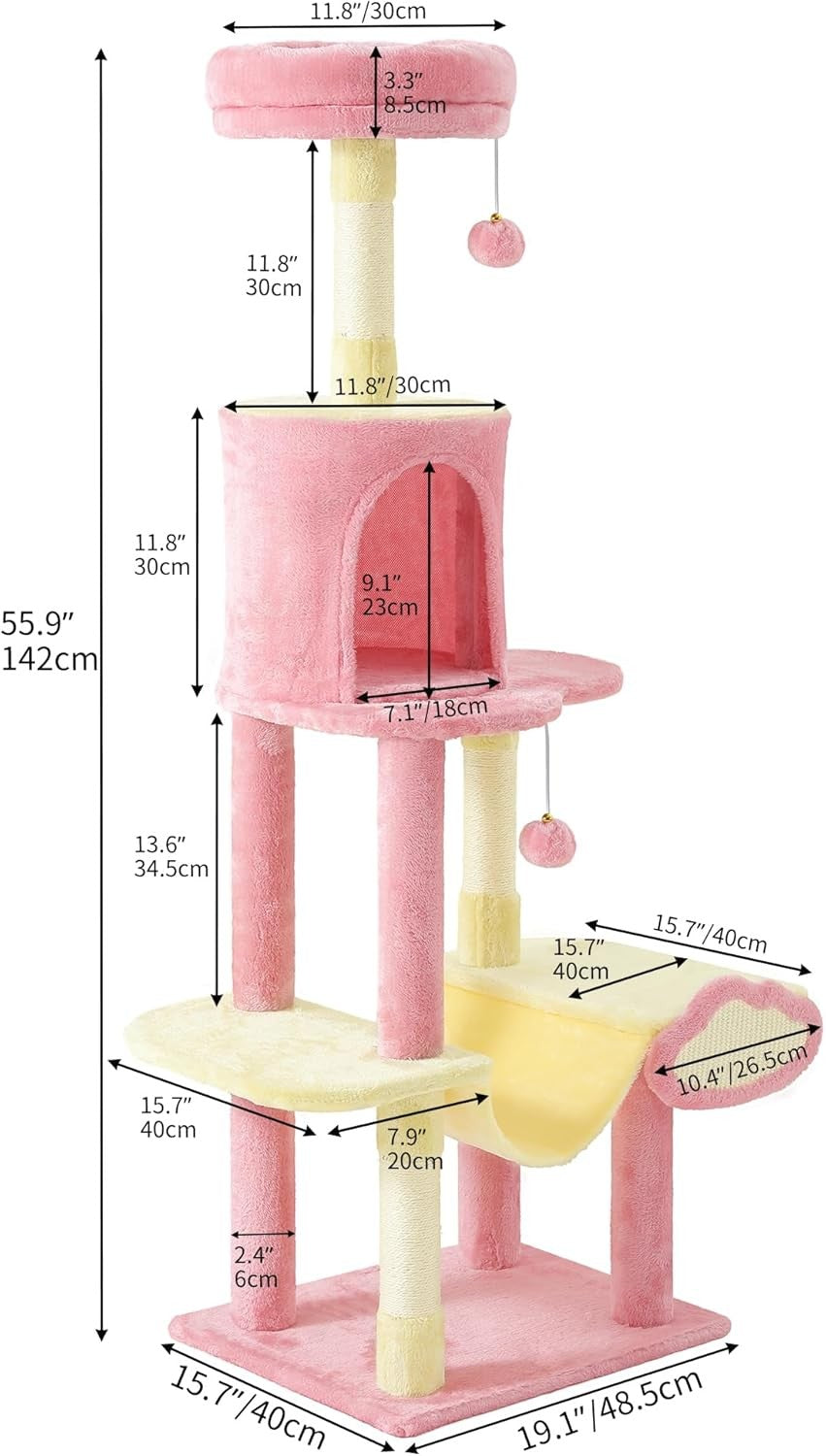 Luxury Cat Tree Tower 142cm Scratching Post Condo Hammock Space Saving