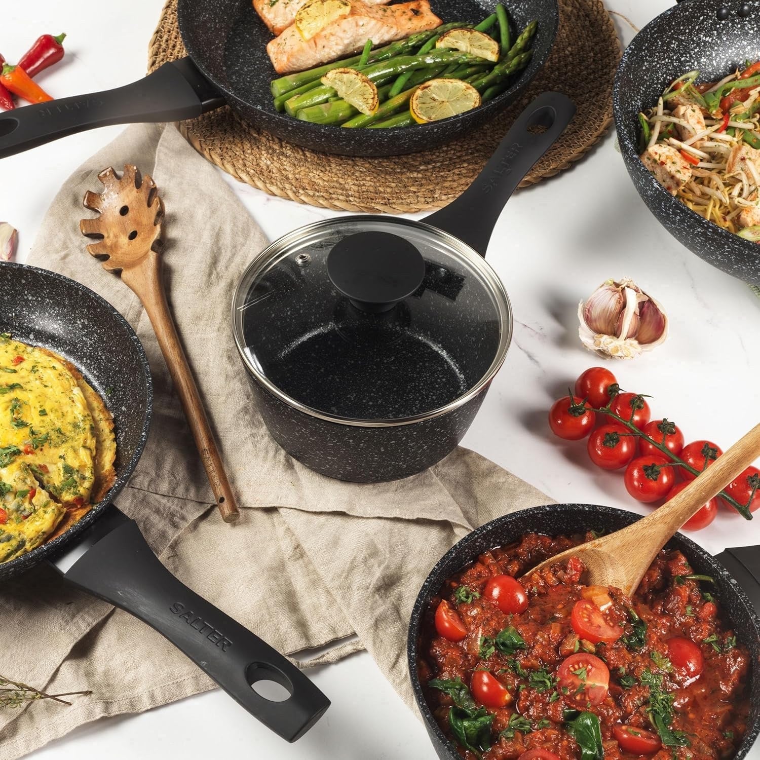 5 Pcs Granite Non Stick Pot & Pan Set with Tempered Glass Lid Induction Suitable