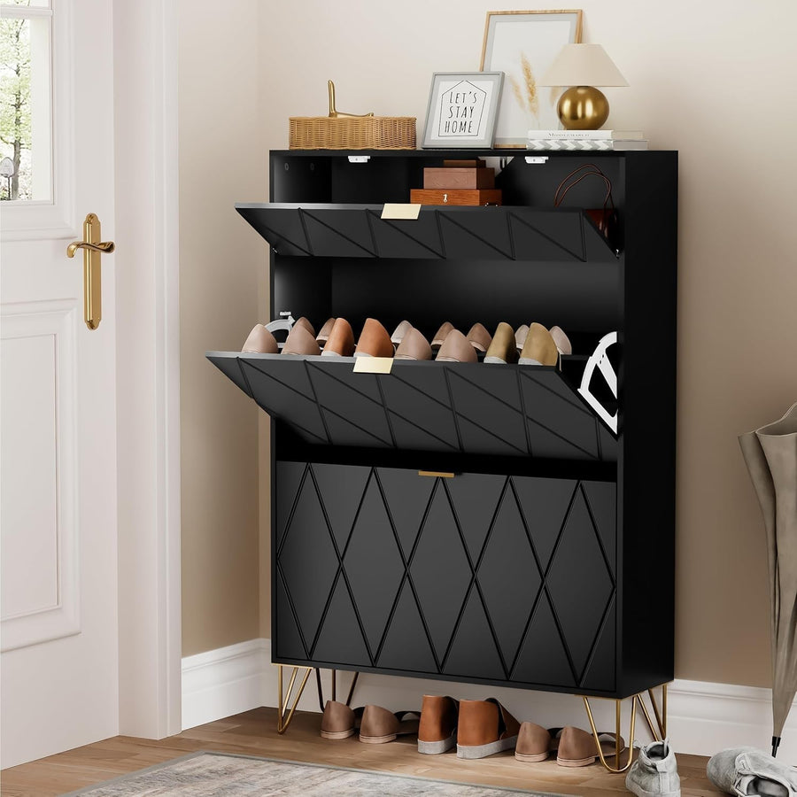 Modern Shoe Cabinet Black w/ Flip Drawers – 3 Compartments 16 Pairs Storage