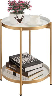 Round Metal Side Table with Removable Tray – Small Coffee Table Grey & Gold